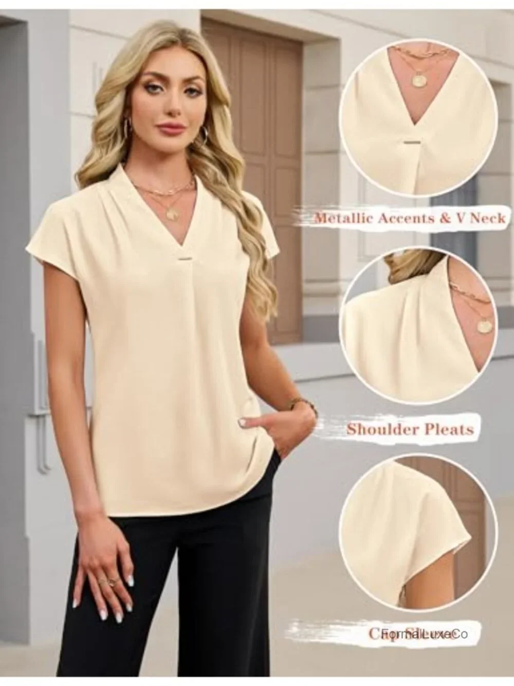 Women's Cap Sleeve Ruffle Blouse V-Neck Pleated Business Casual Top Office